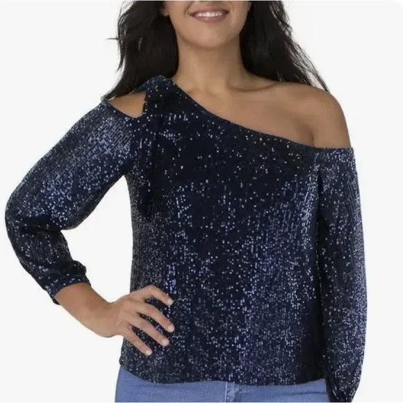 CeCe glamorous bows Navy Sequin Off-Shoulder cold Blouse sequence bling NWT Sz M - Picture 10 of 15